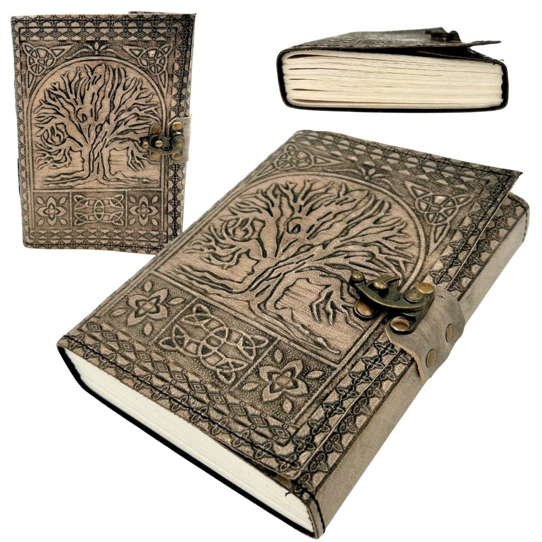 Retro leren notitieboek Levensboom met gravure