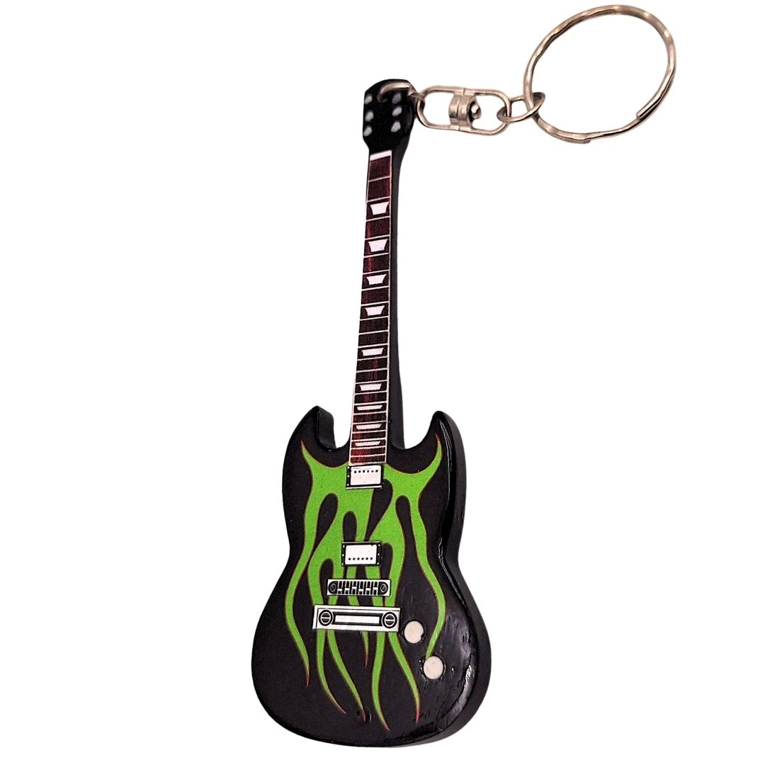 Houten Metallica Grynch-gitaarsleutelhanger met mogelijkheid tot personalisatie met gravure - ideaal cadeau voor fans van James Hetfield, gemaakt van mahoniehout, kleuren: zwart, groen, bruin, afmetingen 6 x 10 x 0,5 cm