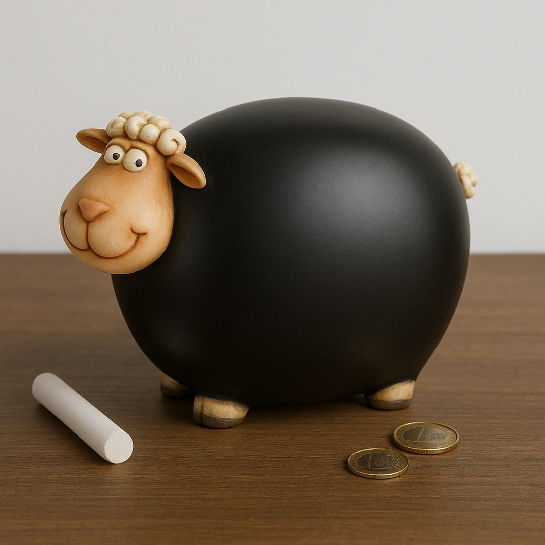 Spaarpot schaapje met schoolbordverf met mogelijkheid tot personalisatie - zwart met beige en witte elementen, hoogte 19,5 cm