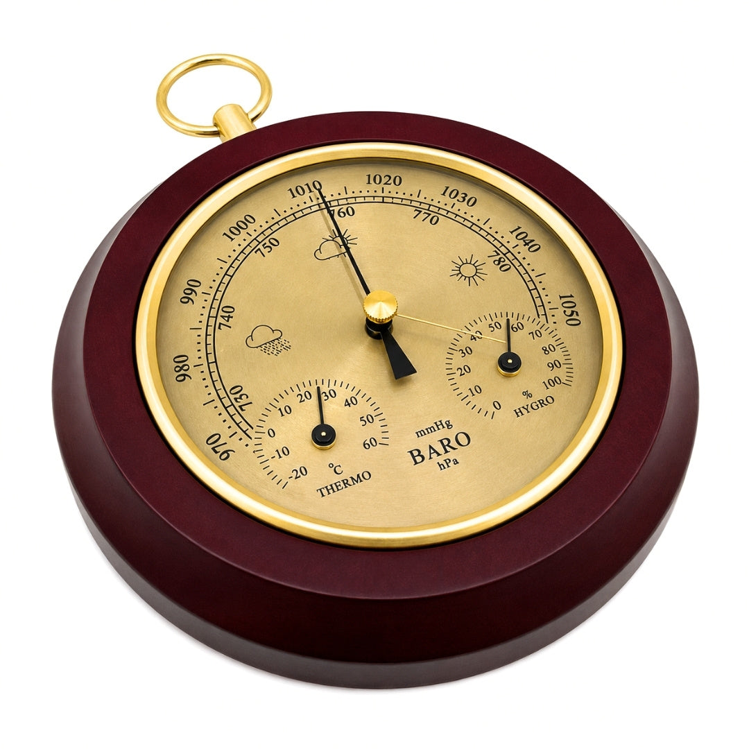 3-in-1 weerstation YG386 met gravure - elegante thermometer, barometer en hygrometer in ronde houten behuizing