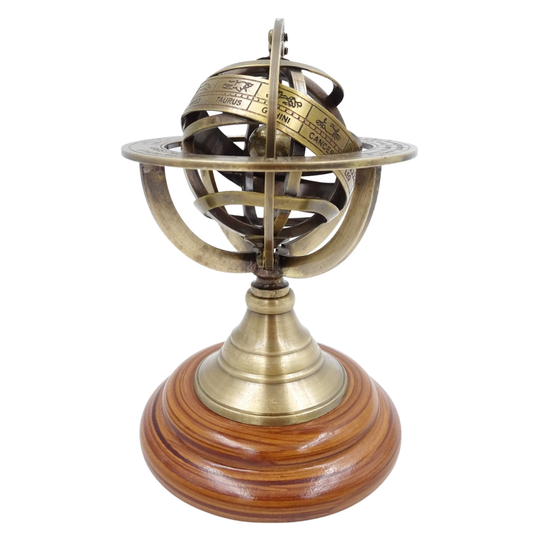 Messing astrolabium 14cm met gravure - uniek cadeau voor liefhebbers van astronomie, elegante decoratie van messing en hout in goudkleur