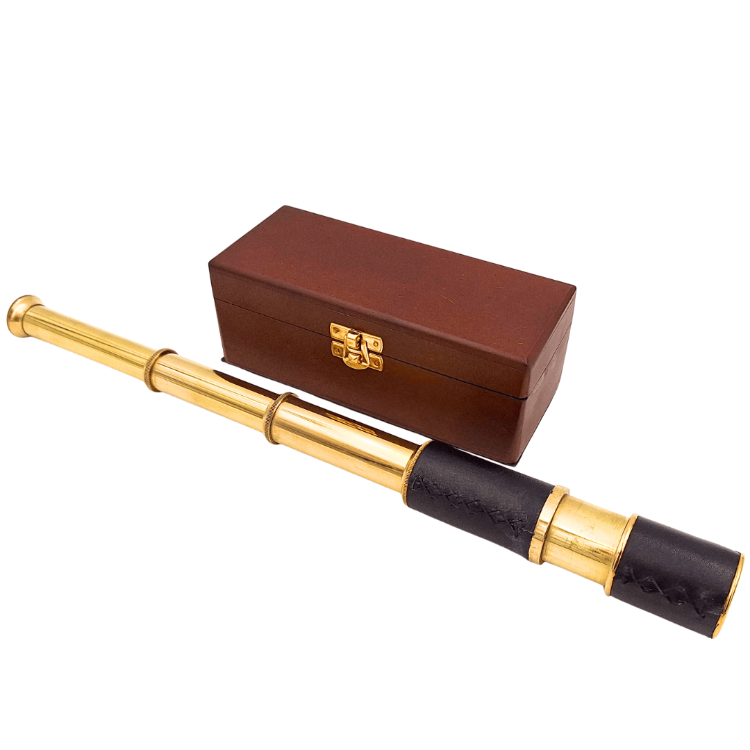 Messing-lederen telescoop in een houten doos – HT01