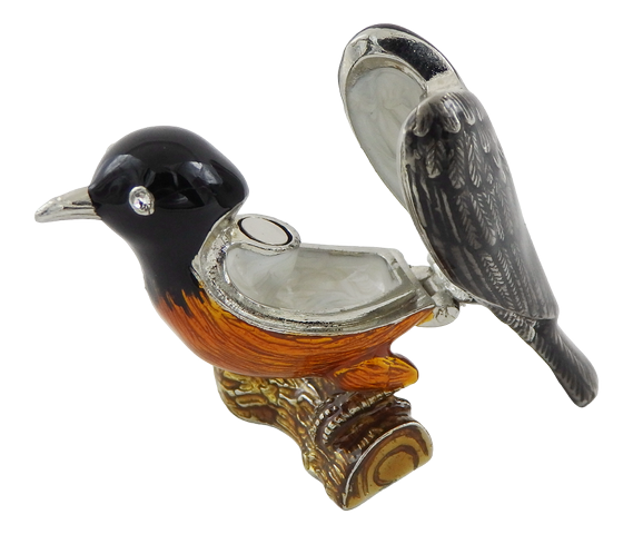 Metalen doosje in de vorm van een vogeltje met kristalletjes, gepersonaliseerd met gravure, ideaal als cadeau - zwart, zilver, bruin, oranje, afmetingen 5x6x5cm, materiaal: metaal, email, kristal