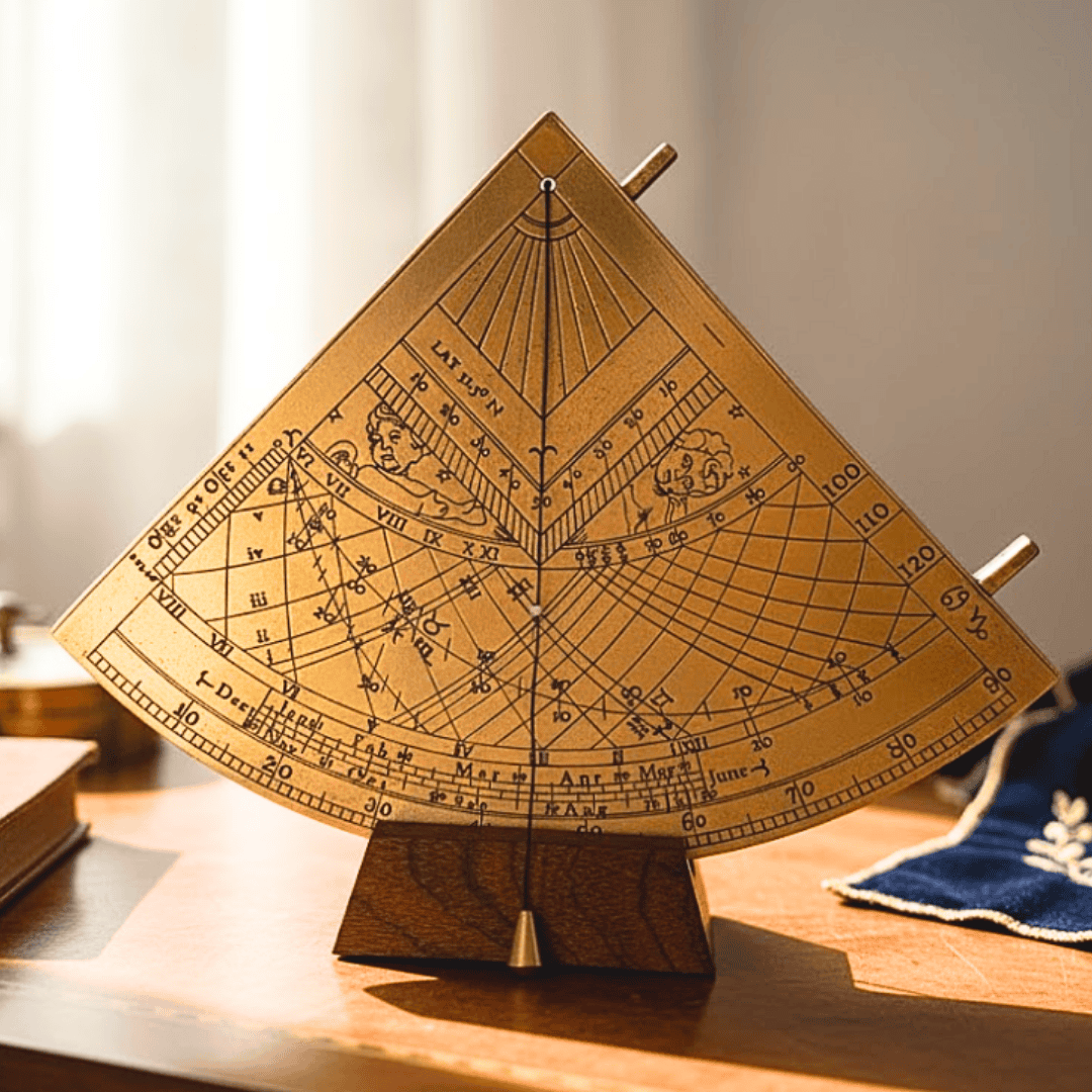 Messing zonnekwadrant Gunter H39 met houten voet, mogelijkheid tot personalisatie met gravure, ideaal cadeau voor liefhebbers van astronomie, hoogte 17 cm, elegante geschenkverpakking