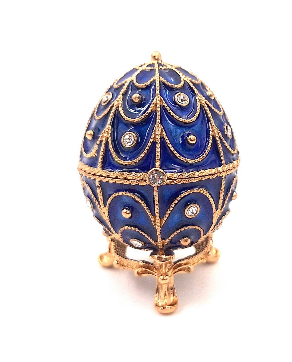 Exclusief metalen doosje met kristalletjes in de vorm van een Fabergé-ei, marineblauw-goud, 5,5x6,5cm met mogelijkheid tot personalisatie door gravure