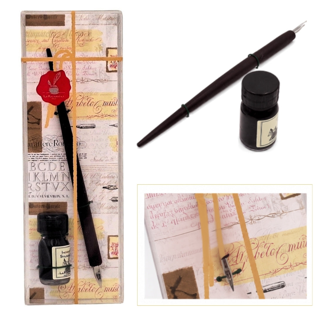 Elegante kalligrafieset met houten pen en zwarte inkt, mogelijkheid tot personalisatie met gravure, ideaal als cadeau voor liefhebbers van de schrijfkunst, in decoratieve verpakking 7,5 x 22 x 3 cm