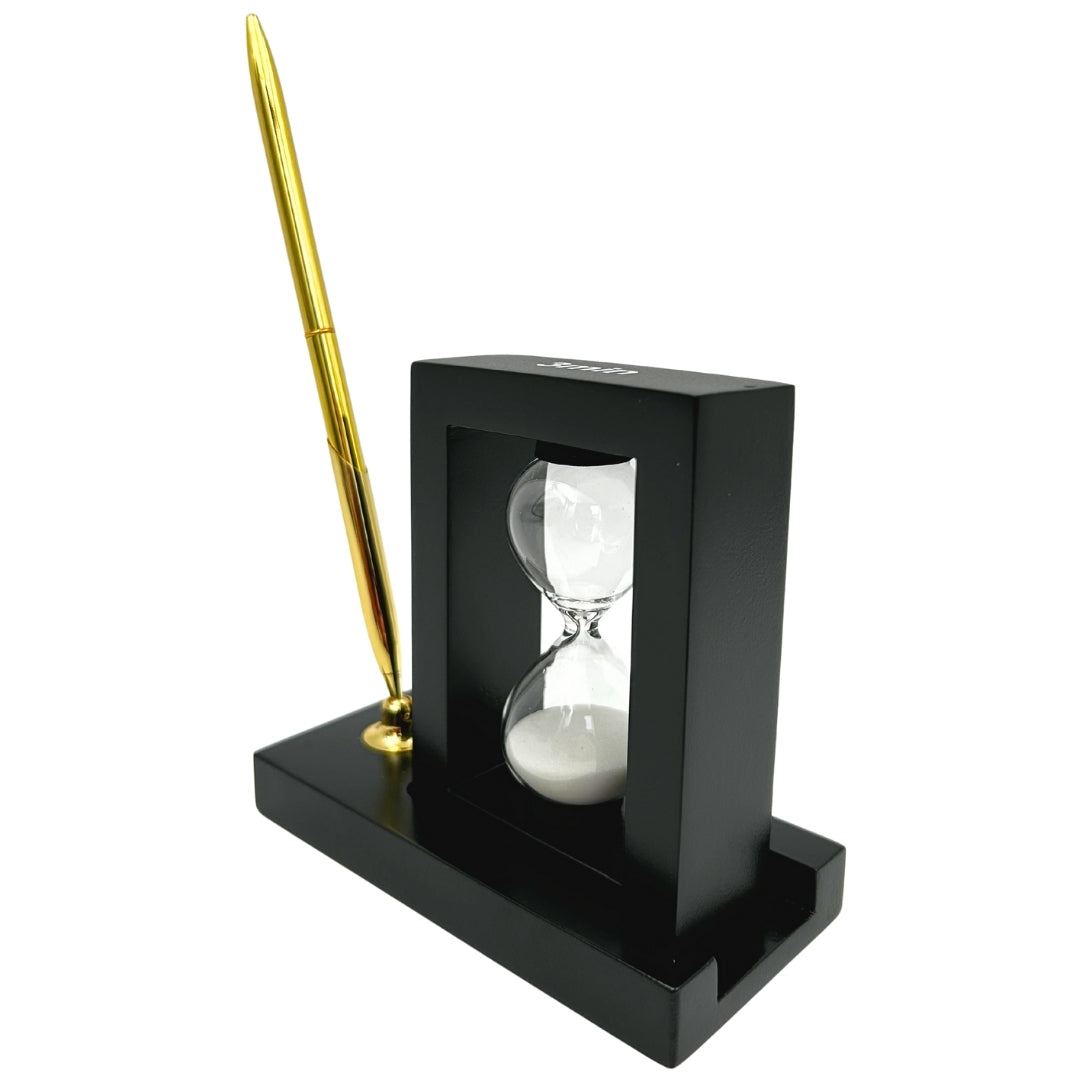 Decoratieve bureauset met zandloper 3 minuten en penhouder met gravure