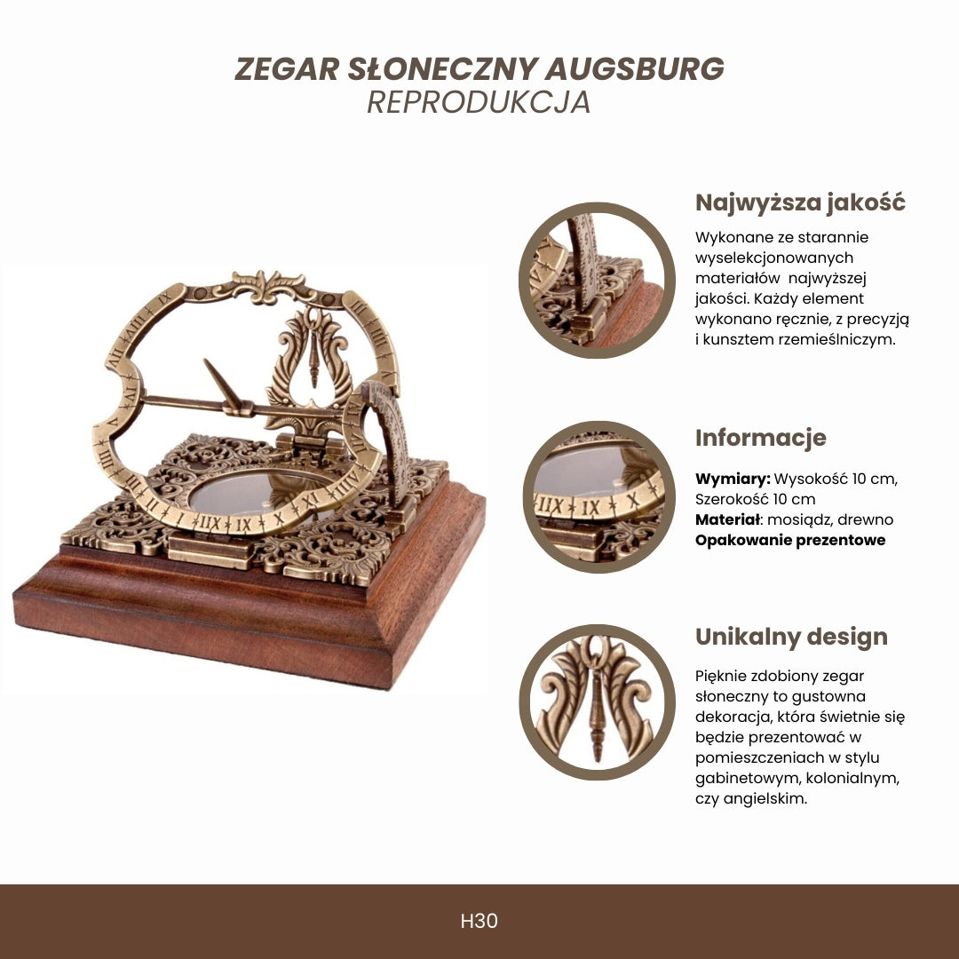Messing zonnewijzer Habsburg H30 met mogelijkheid tot personalisatie met gravure, ideaal als cadeau, in elegante Augsburgse stijl, hoogte 10 cm, op houten voet