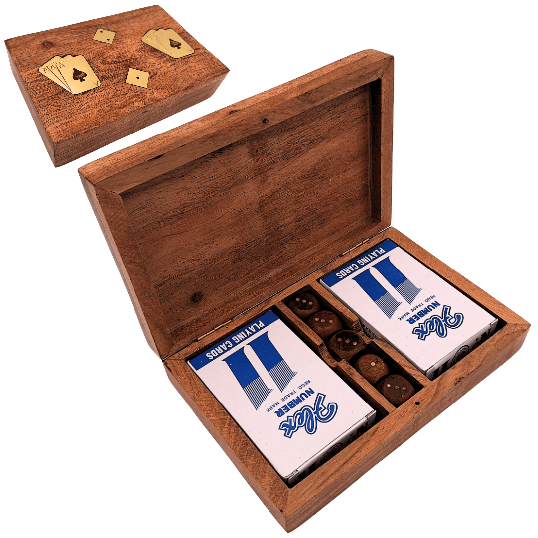 Elegante kaart- en dobbelspellenset in houten doos met messing versieringen