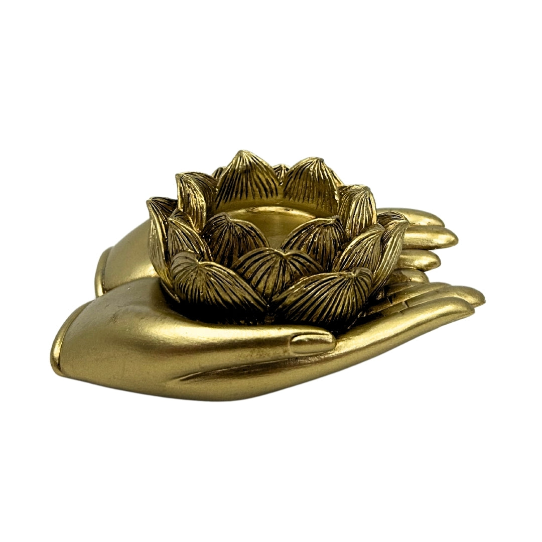 Gouden glamour-theelichthouder met mogelijkheid tot personalisatie met gravure – Elegant decoratief interieurelement met afmetingen 11,5 x 9,4 x 4,8 cm van polyresin