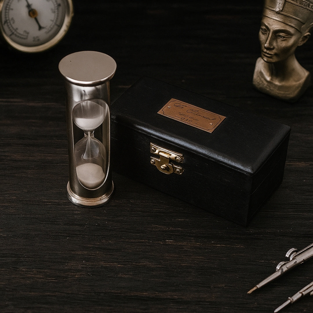 Messing zandloper in retrostijl met houten doos - gepersonaliseerde gravure - ideaal cadeau voor 1 minuut - hoogte 8,5 cm - stijlvolle bureaudecoratie
