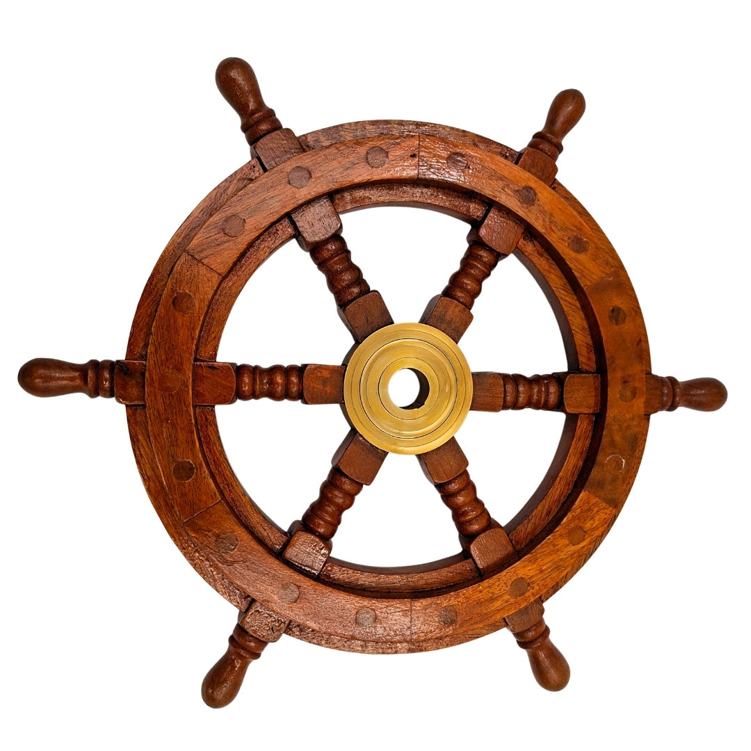 Houten stuurwiel met messing inzetstuk en ruimte voor een wig - diameter 30 cm - ideaal cadeau met mogelijkheid tot personalisatie met gravure - maritieme en retrostijl