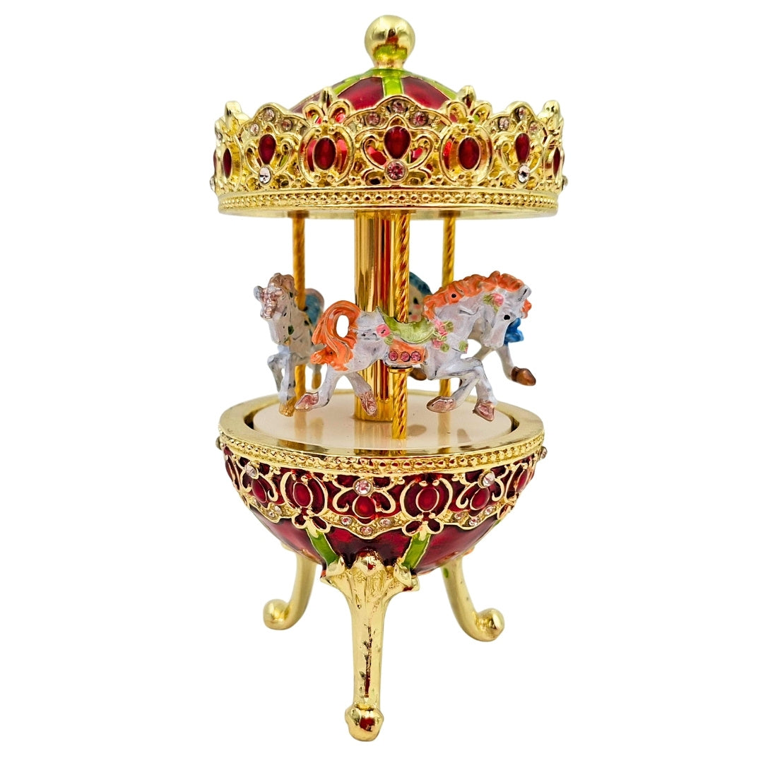 Muzikale carrousel-speeldoos met gravure - elegante decoratie in goud en rood, 14 cm