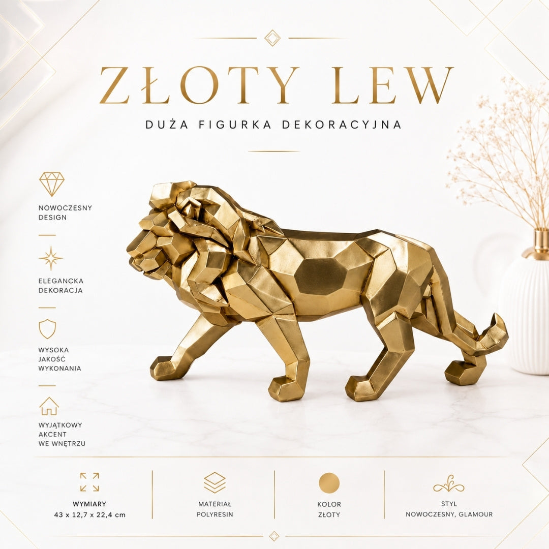 Groot beeldje van een gouden leeuw 43cm met mogelijkheid tot personalisatie met gravure - elegante decoratie als cadeau, hoogwaardig polyresin, moderne glamourstijl