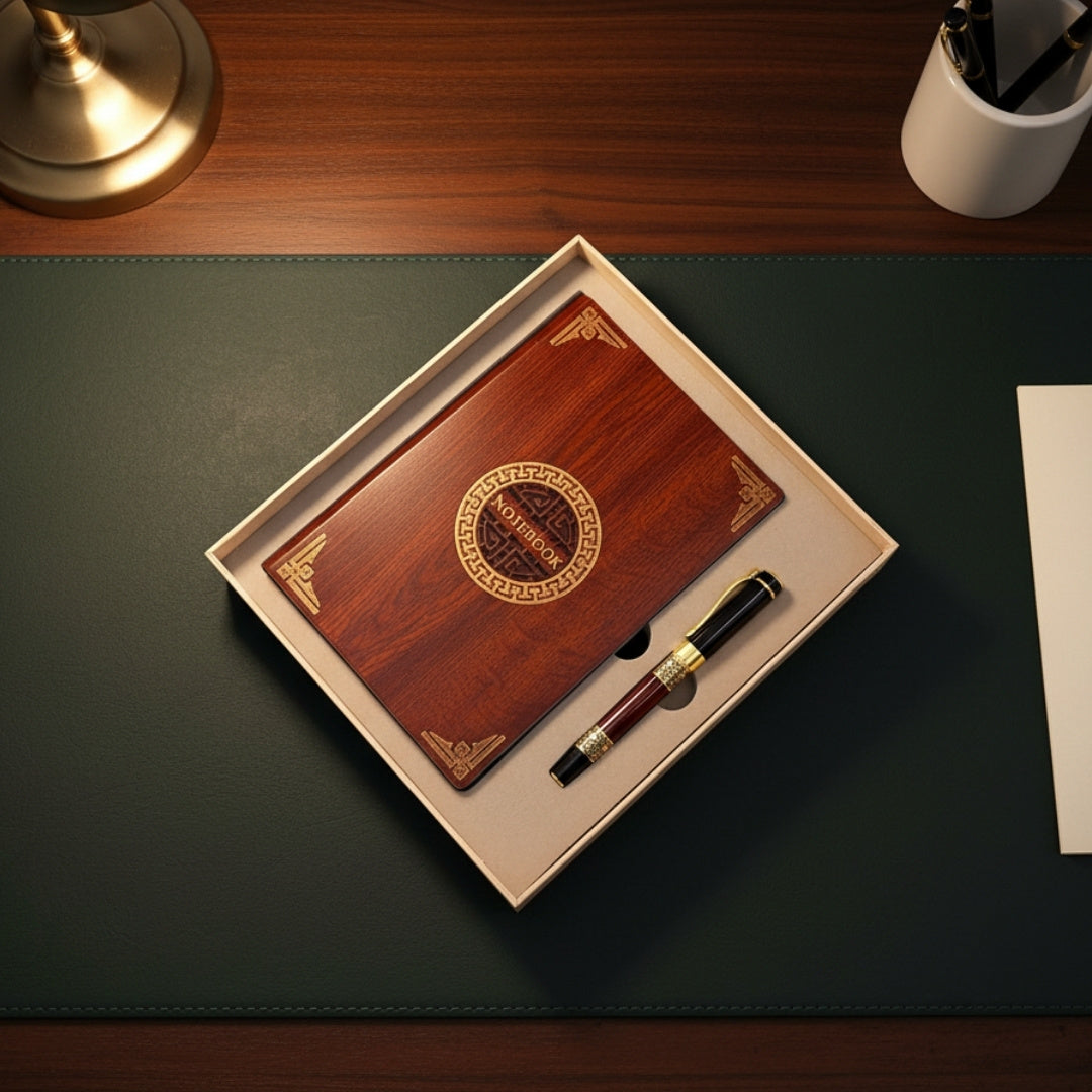 Exclusieve premium geschenkset A5-notitieboek met houten omslag en pen – personalisatie met gravure, ideaal als cadeau voor een baas, docent of kunstenaar – donkerbruin met gouden elementen