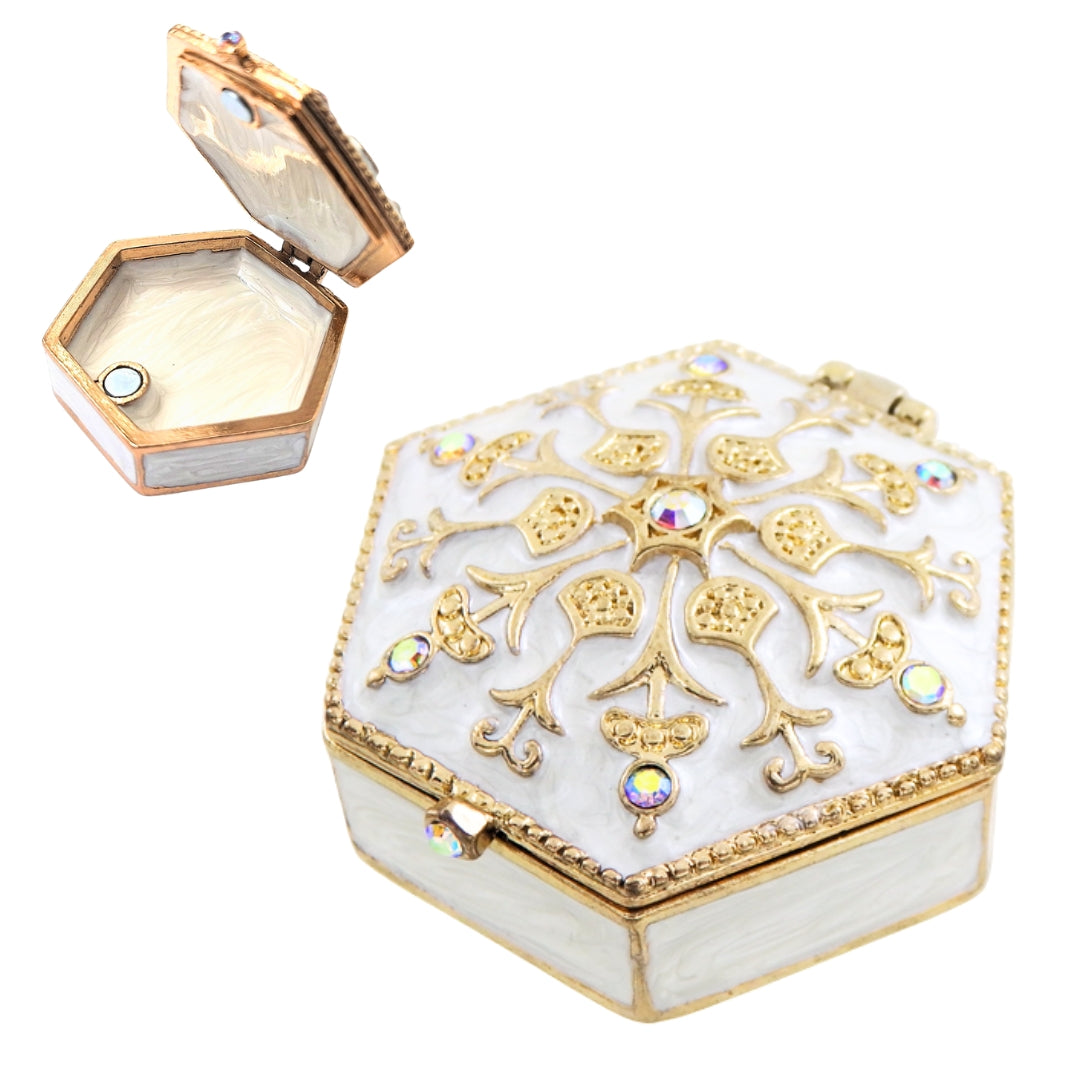 Elegant metalen geschenkdoosje met kristalletjes B0035-08WH, wit-goud, mogelijkheid tot personalisatie door gravure, ideaal voor sieraden en kleine voorwerpen, 5x5x2cm