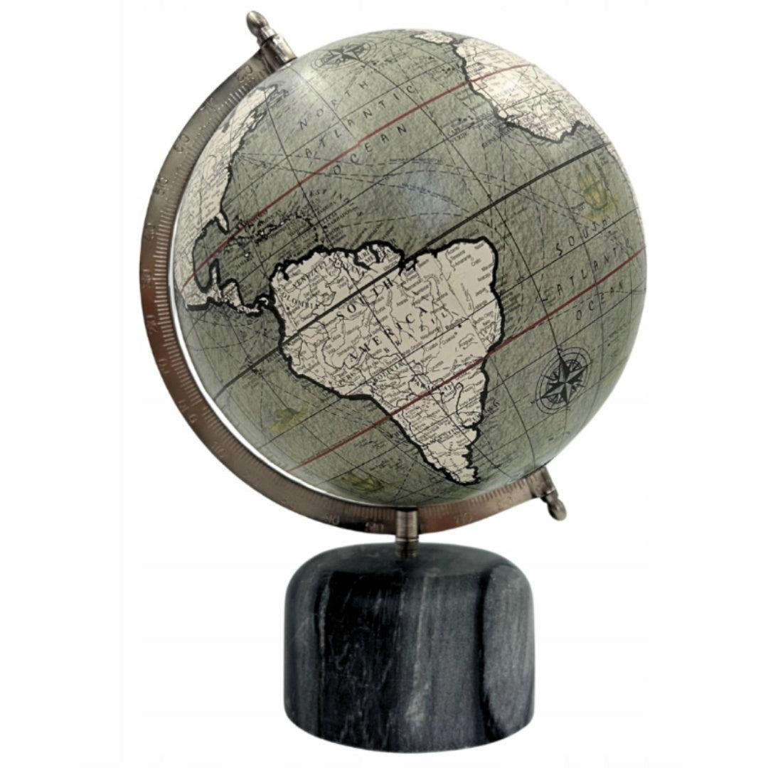 Decoratieve wereldbol op stenen voet 30cm met mogelijkheid tot personalisatie met gravure - Elegant cadeau in grijstinten en zwart steen