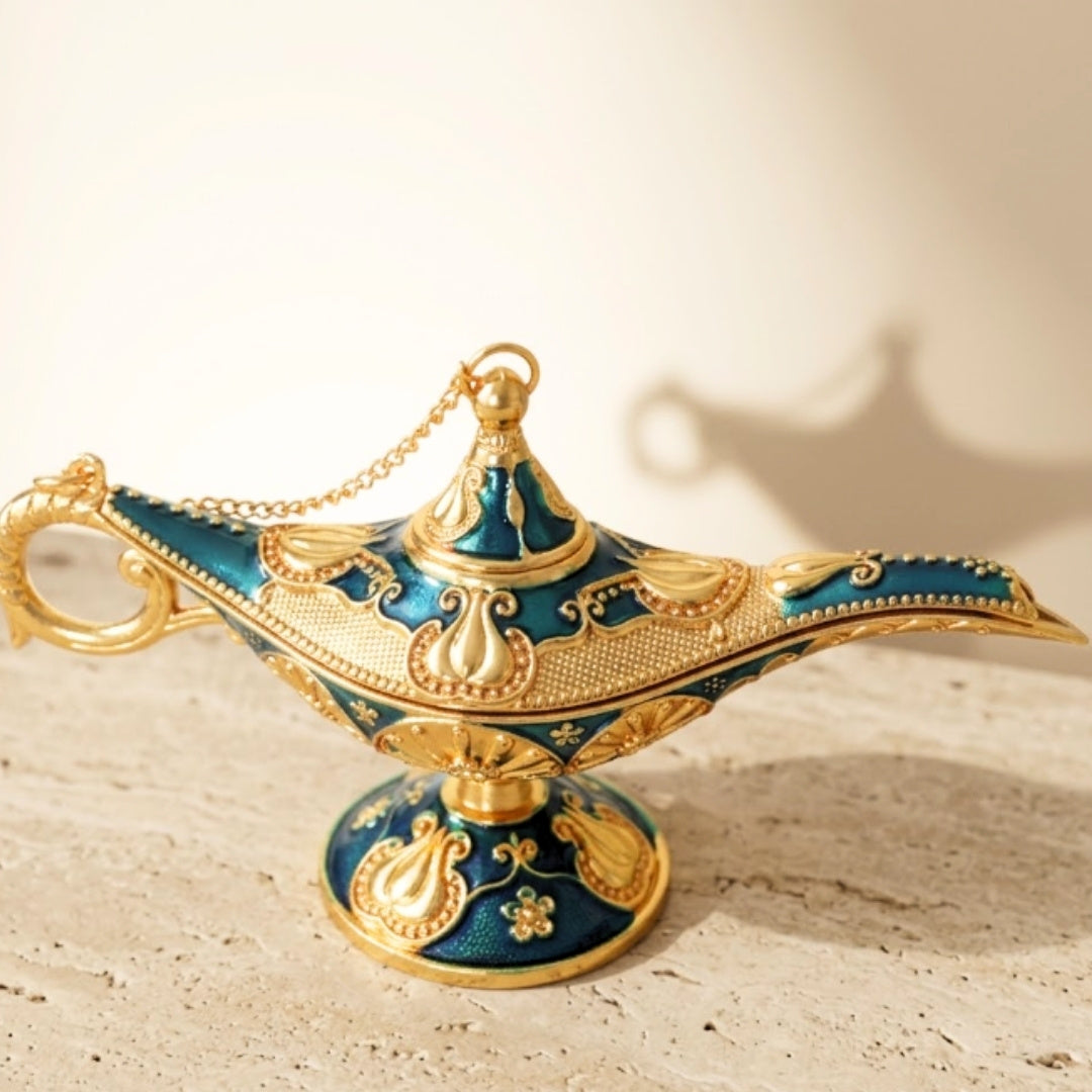 Metalen Aladdin-lamp marineblauw-goud 12cm met mogelijkheid tot personalisatie met gravure