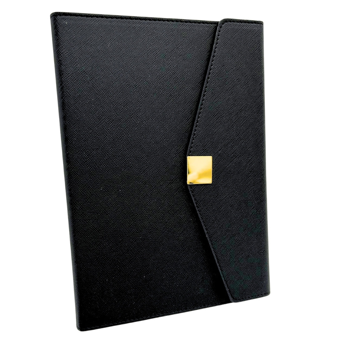 Elegante premium cadeauset met personalisatie – leren A5-notitieboek, pen en USB-stick 16GB in zwart-gouden doos