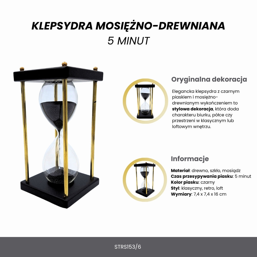 Messing-houten zandloper 5 minuten met zwart zand met mogelijkheid tot personalisatie met gravure – elegante retrodecoratie als cadeau met een hoogte van 16 cm