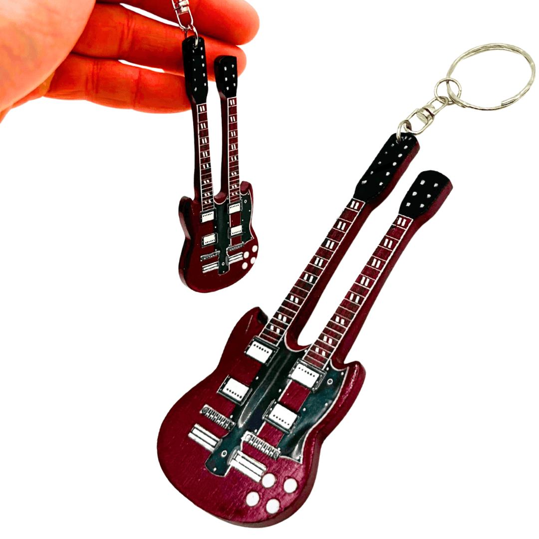 Sleutelhanger Gitaar Led Zeppelin - Jimmy Page - Gepersonaliseerde gravure - Rood mahonie - Ideaal cadeau voor gitarist en rockfan - Afmetingen 6 x 11 x 0,5 cm