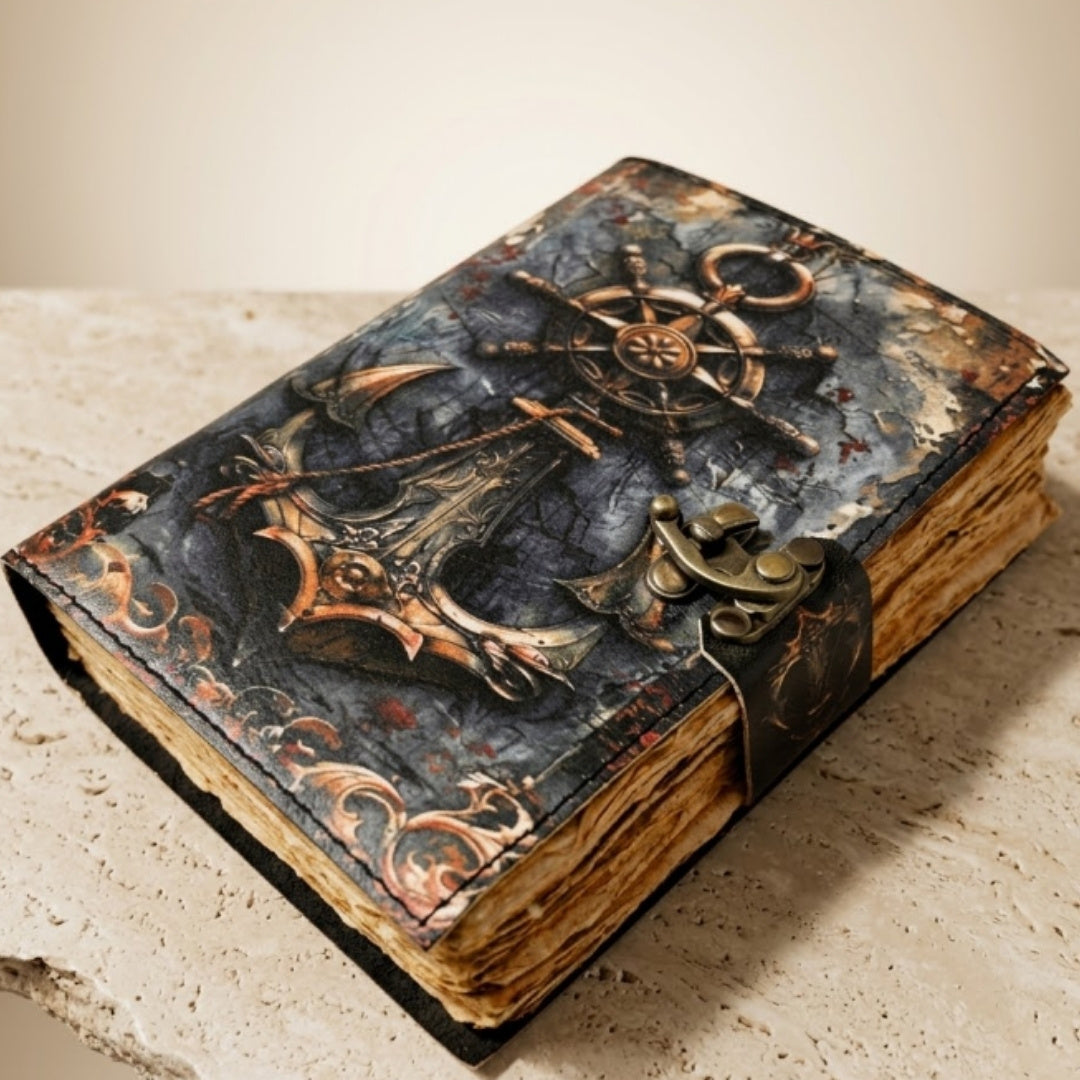 Retro maritiem leren notitieboek 200 pagina’s met mogelijkheid tot personalisatie met gravure, ideaal als cadeau voor kunstenaars en reizigers, gemaakt van natuurlijk geitenleer, in vintagekleur, afmetingen 18 x 13 cm