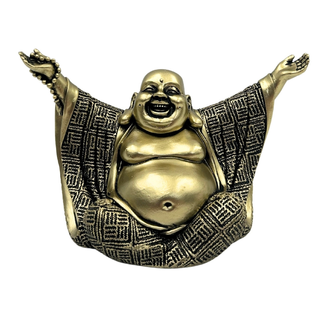 Beeldje van een vrolijke Boeddha in goud met mogelijkheid tot personalisatie met gravure - Elegante decoratie als cadeau met een hoogte van 17,1 cm van polyresin, symboliseert rijkdom en geluk