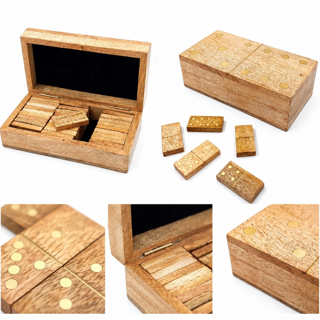 Houten domino van mangohout in doos met gravure - gepersonaliseerd cadeau voor volwassenen, 28 stenen, messing versieringen, doosafmetingen 15 x 8 x 4,5 cm