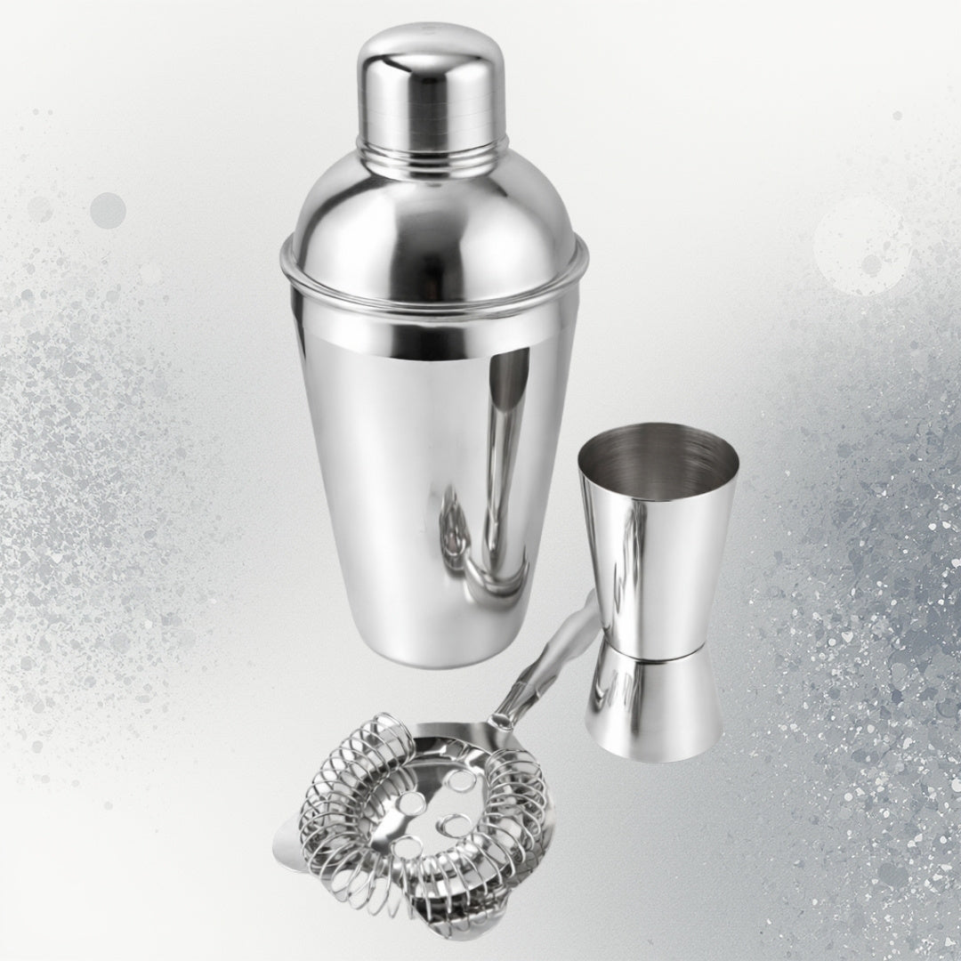 Barmanset Steel 3-delig met mogelijkheid tot personalisatie met gravure - shaker 750 ml, jigger 15/30 ml, strainer - elegant cadeau voor cocktailliefhebbers, roestvrij staal, zilverkleurig