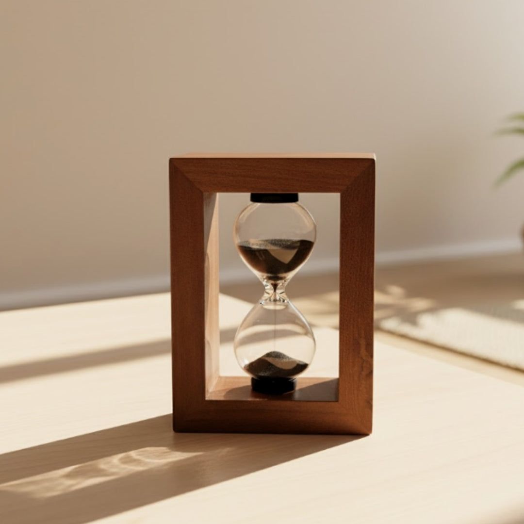 Zandloper 3 minuten in houten frame met mogelijkheid tot personalisatie met gravure