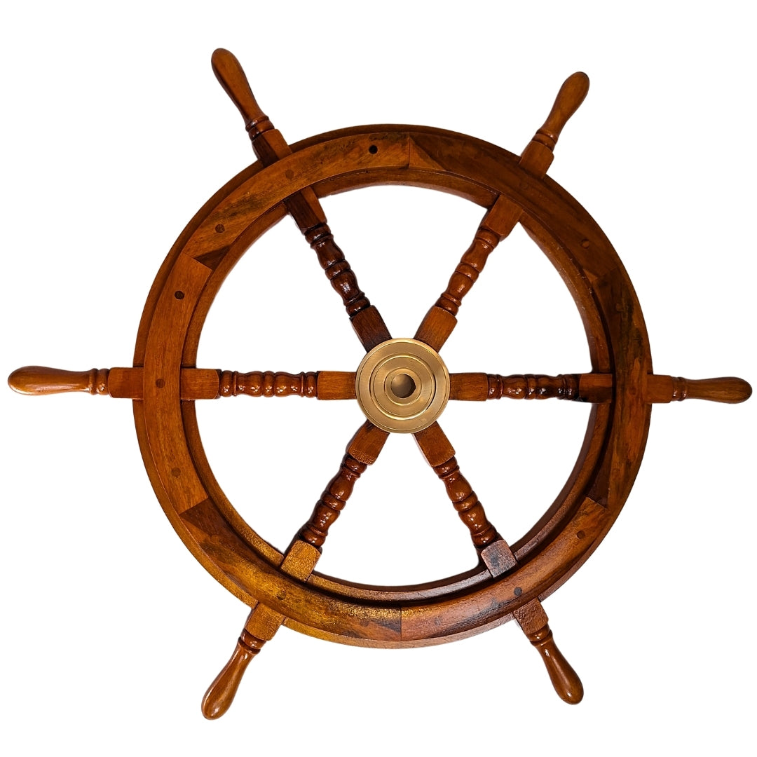Houten stuurwiel met messing inzetstuk 75 cm met mogelijkheid tot personalisatie met gravure