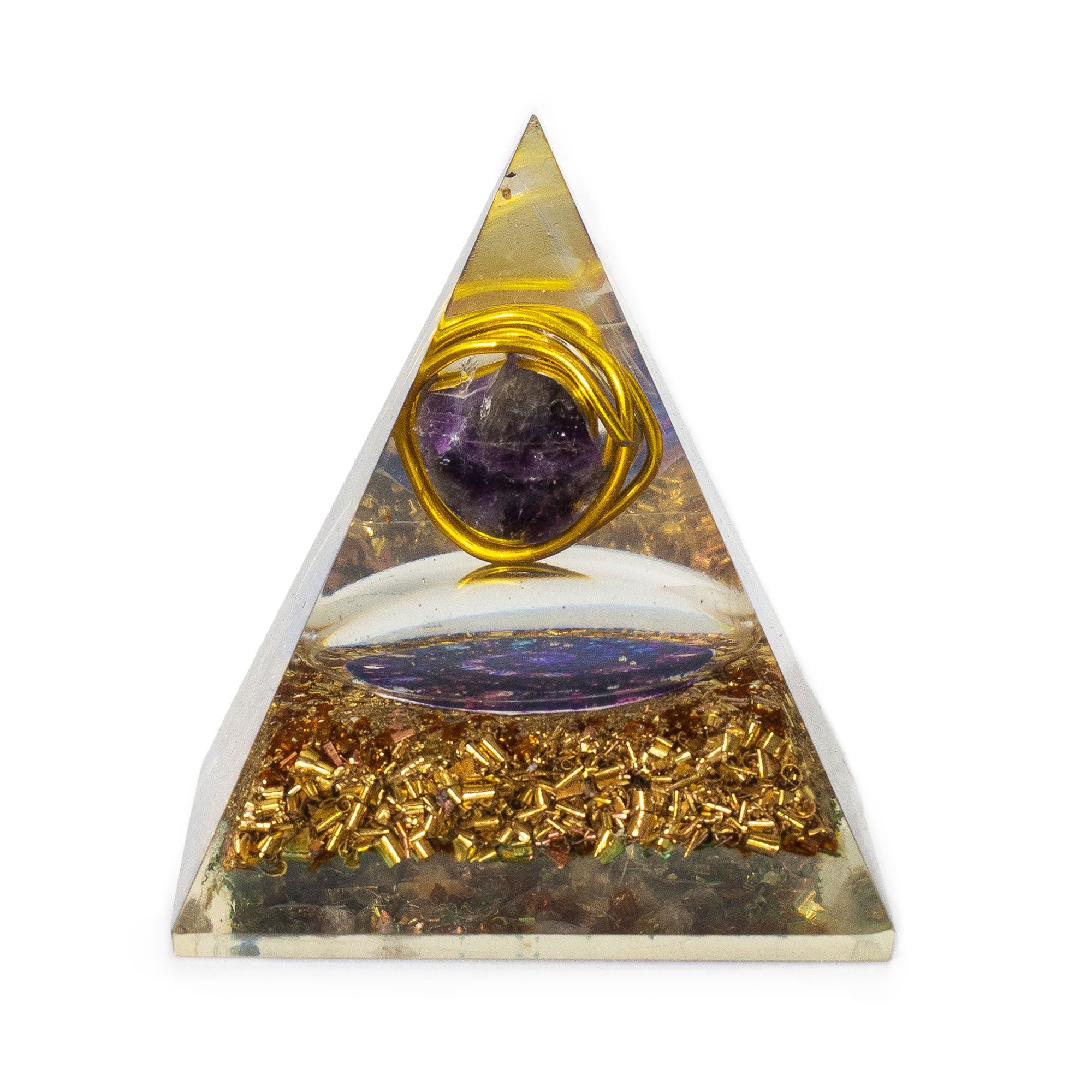 Middelgrote orgonietpiramide met amethist en koper 7x6 cm