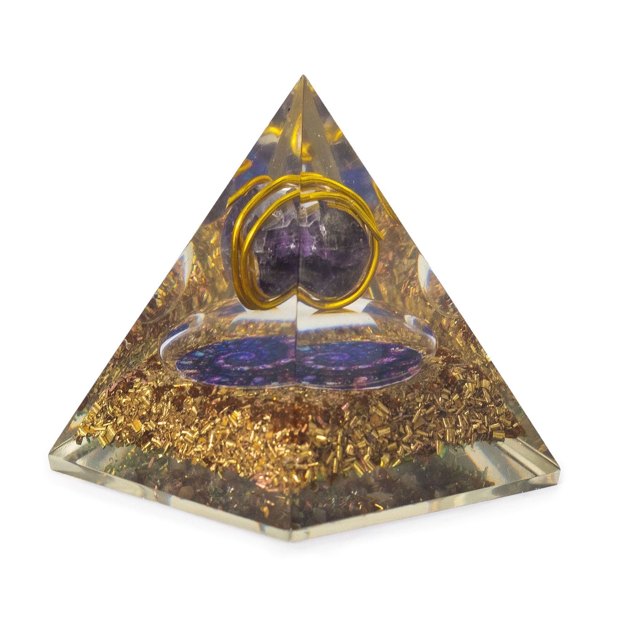 Middelgrote orgonietpiramide met amethist en koper 7x6 cm