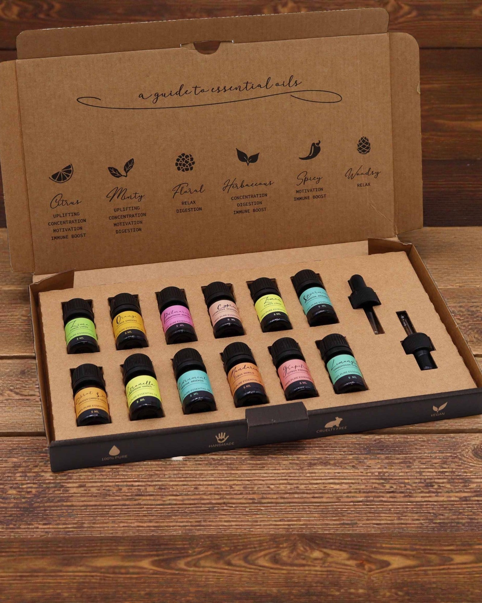 Zomerenergie van de natuur – Luxueuze set van 12 etherische oliën van 5 ml met pipetten