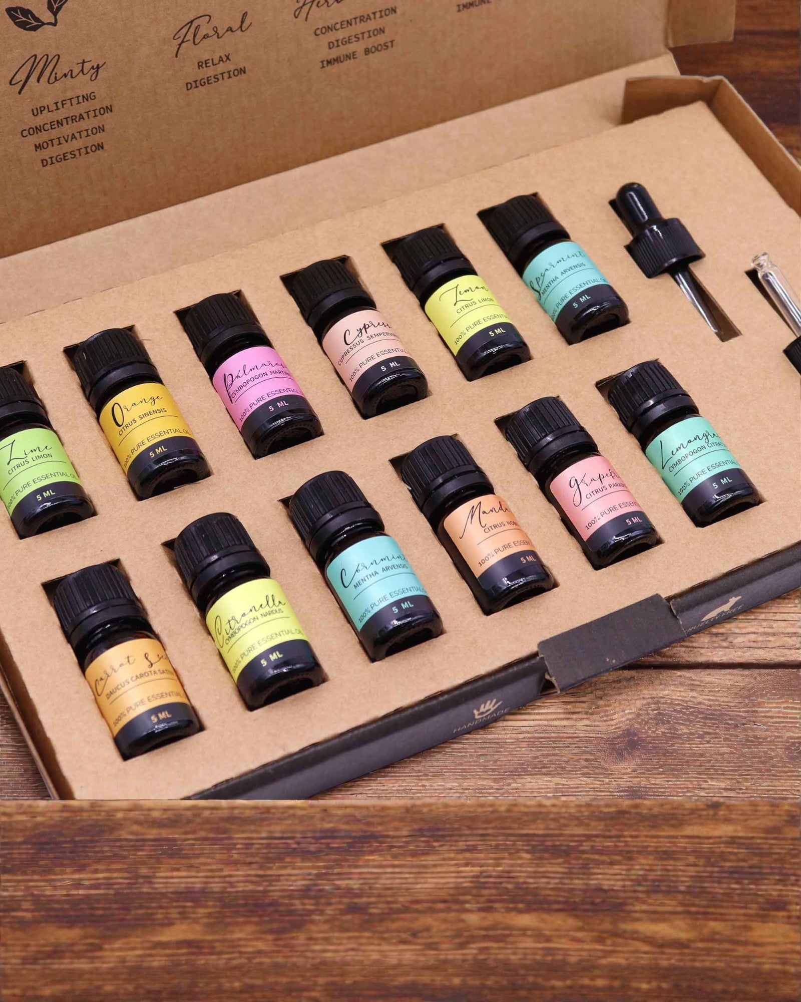 Zomerenergie van de natuur – Luxueuze set van 12 etherische oliën van 5 ml met pipetten