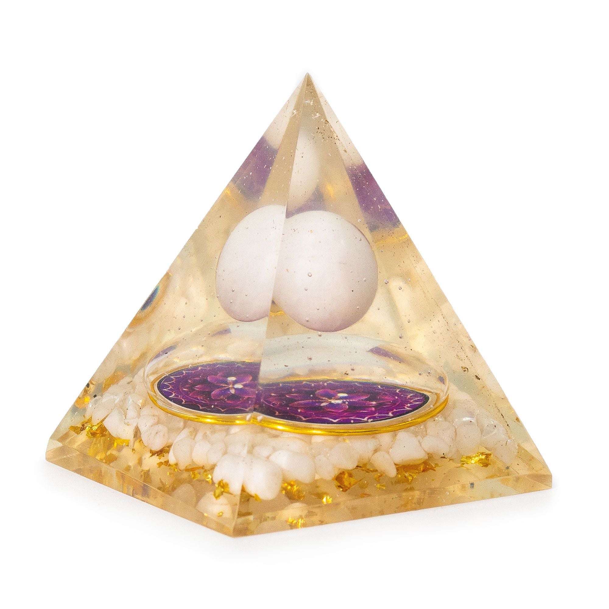 Orgonietpiramide met witte kwartskogel 7x6 cm - natuurlijke kwartstukken en goudvlokken