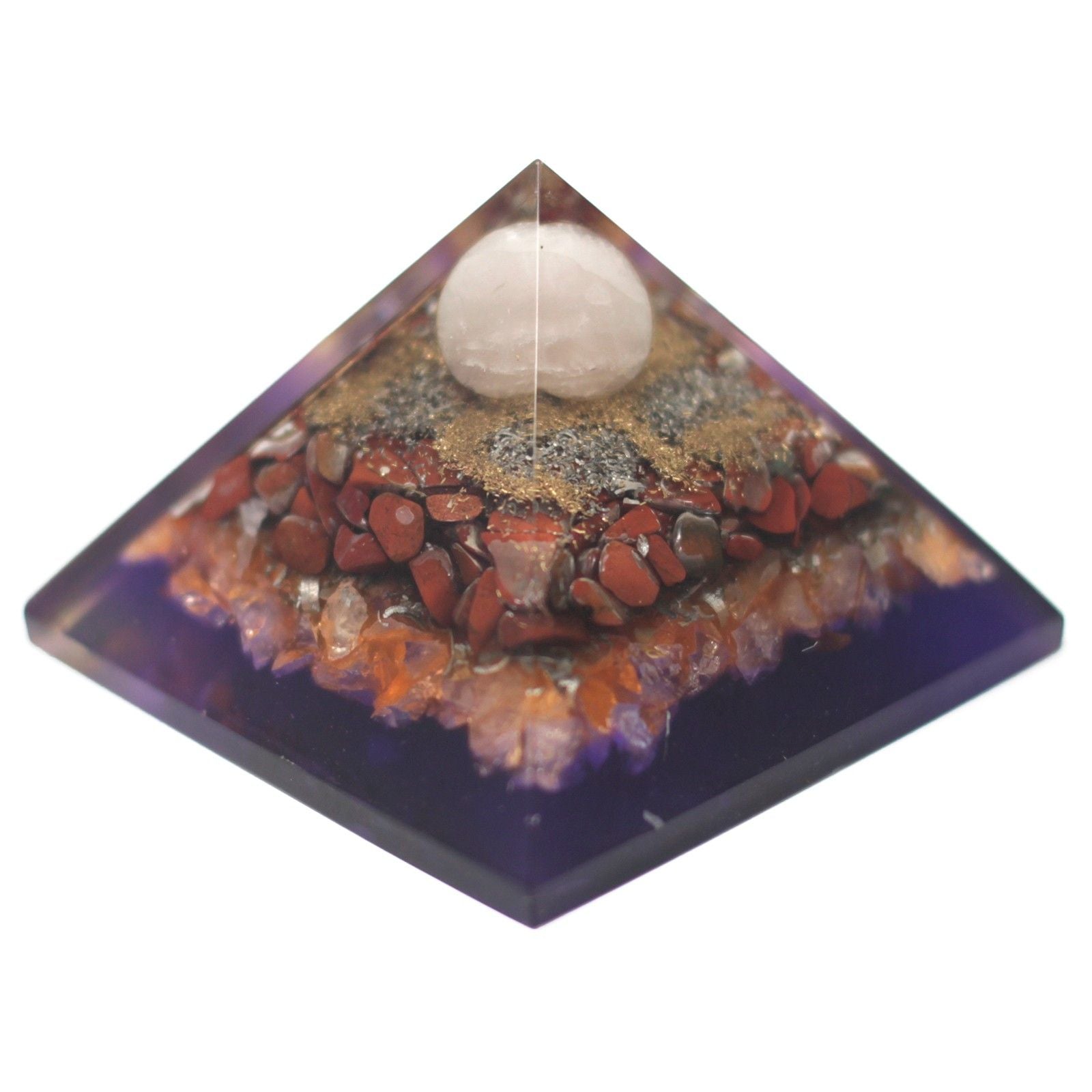 Orgonietpiramide 70mm - pauw in veelkleurig ontwerp met edelstenen en koper