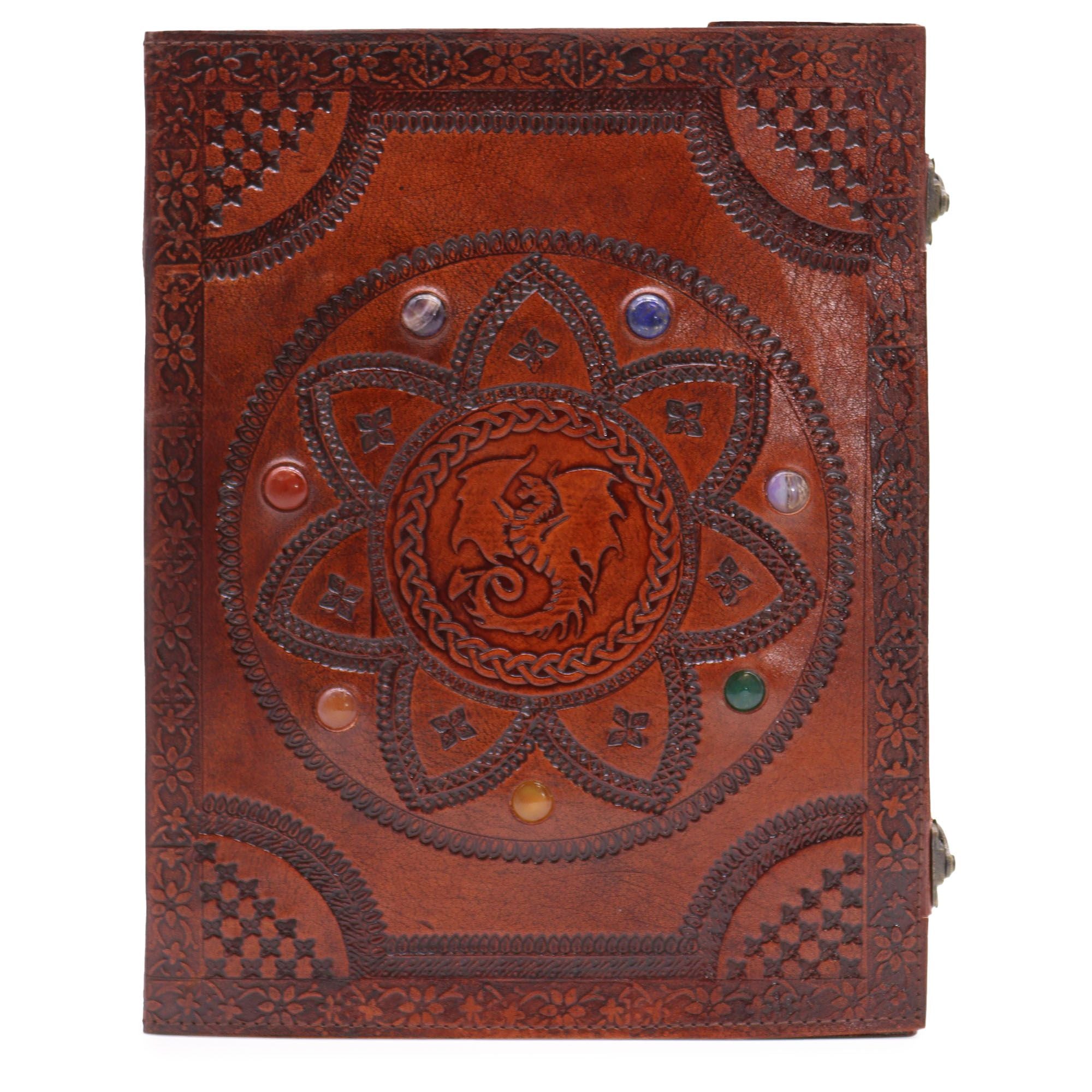 Boek van de Drakenmandala met chakrastenen - handgemaakt, natuurlijk leer, 100 blanco pagina's, 25x34 cm