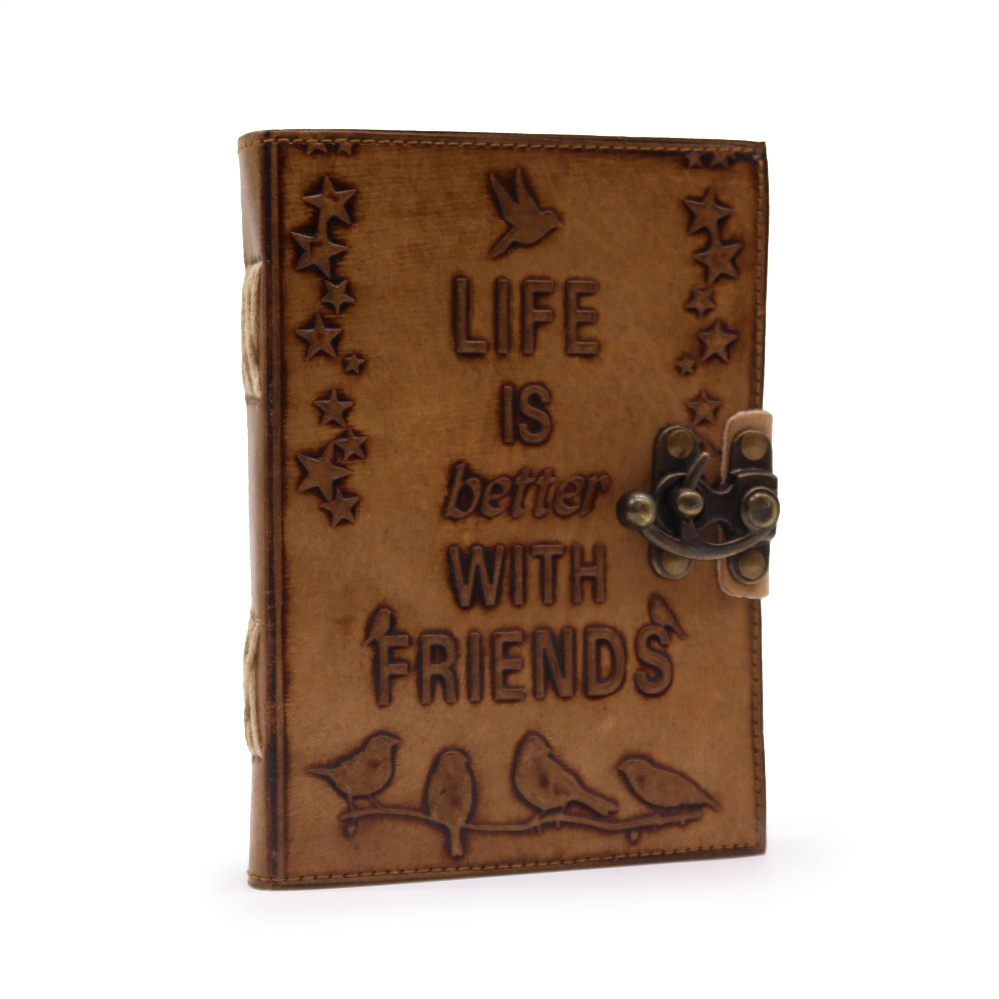 Vriendschapsnotitieboek - leren journal met vogelmotief - licht tan - 7x5" - ideaal als cadeau voor dierbaren met gegraveerde boodschap "Het leven is beter met vrienden" - 100 blanco pagina's, vintage sluiting, compact formaat