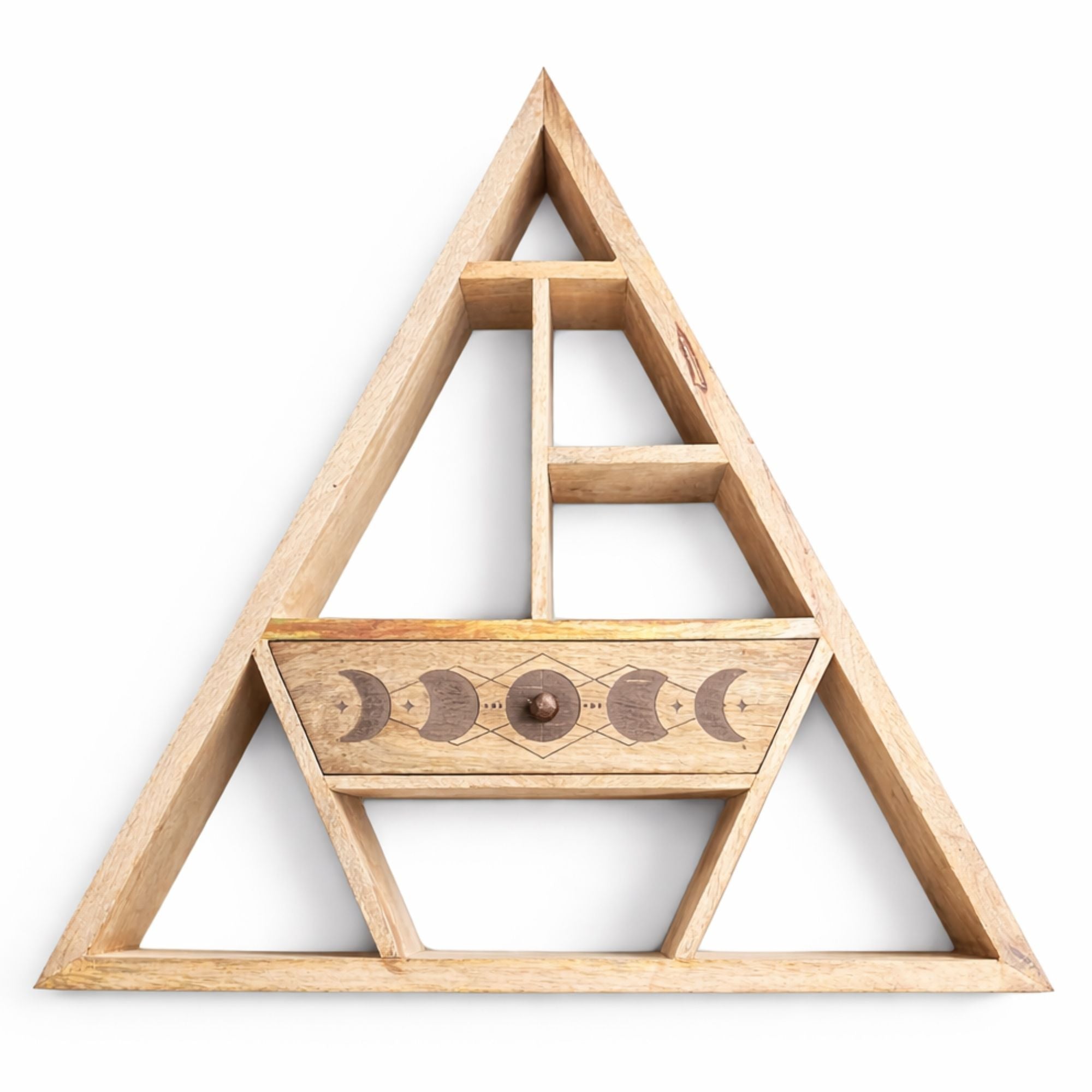 Driehoekige magische wandplank met lade - Handgemaakt mangohout, ontwerp met maanfasen, 53x53x9 cm