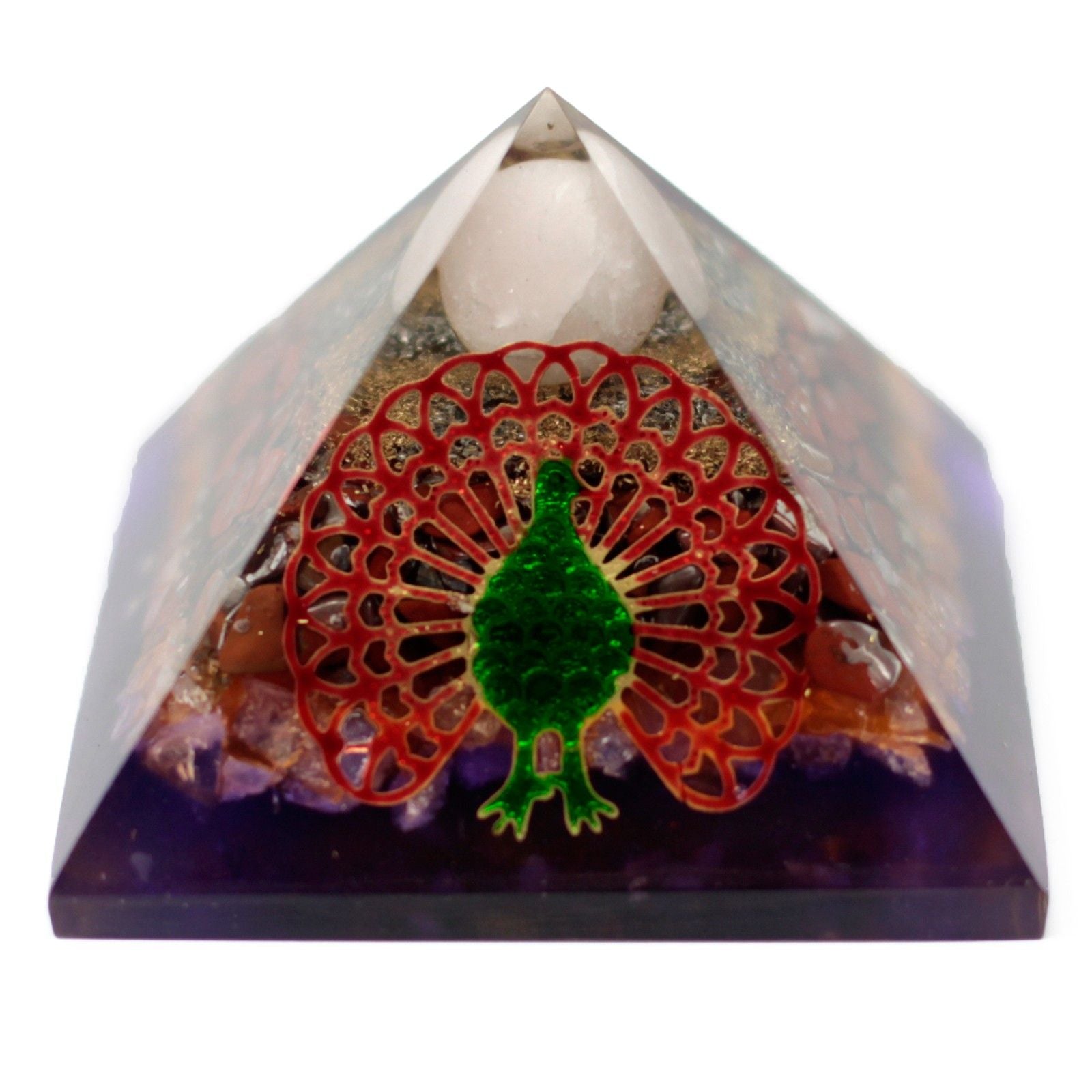 Orgonietpiramide 70mm - pauw in veelkleurig ontwerp met edelstenen en koper