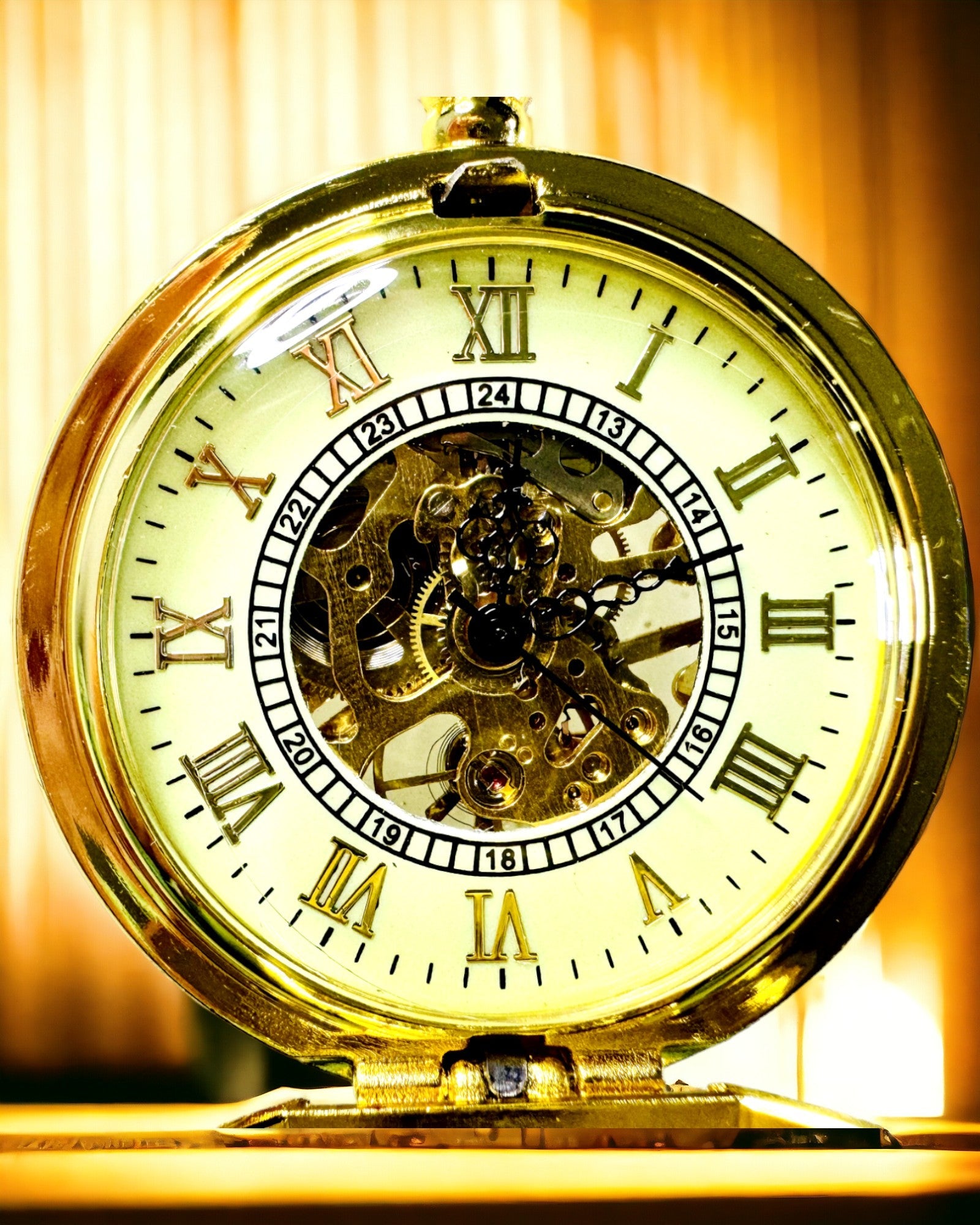 Retro Gesneden Zakhorloge met Handopwindbaar Mechanisme, Gouden kleur met Romeinse Schaal en Lichtgevende Wijzerplaat, Vintage Stijl