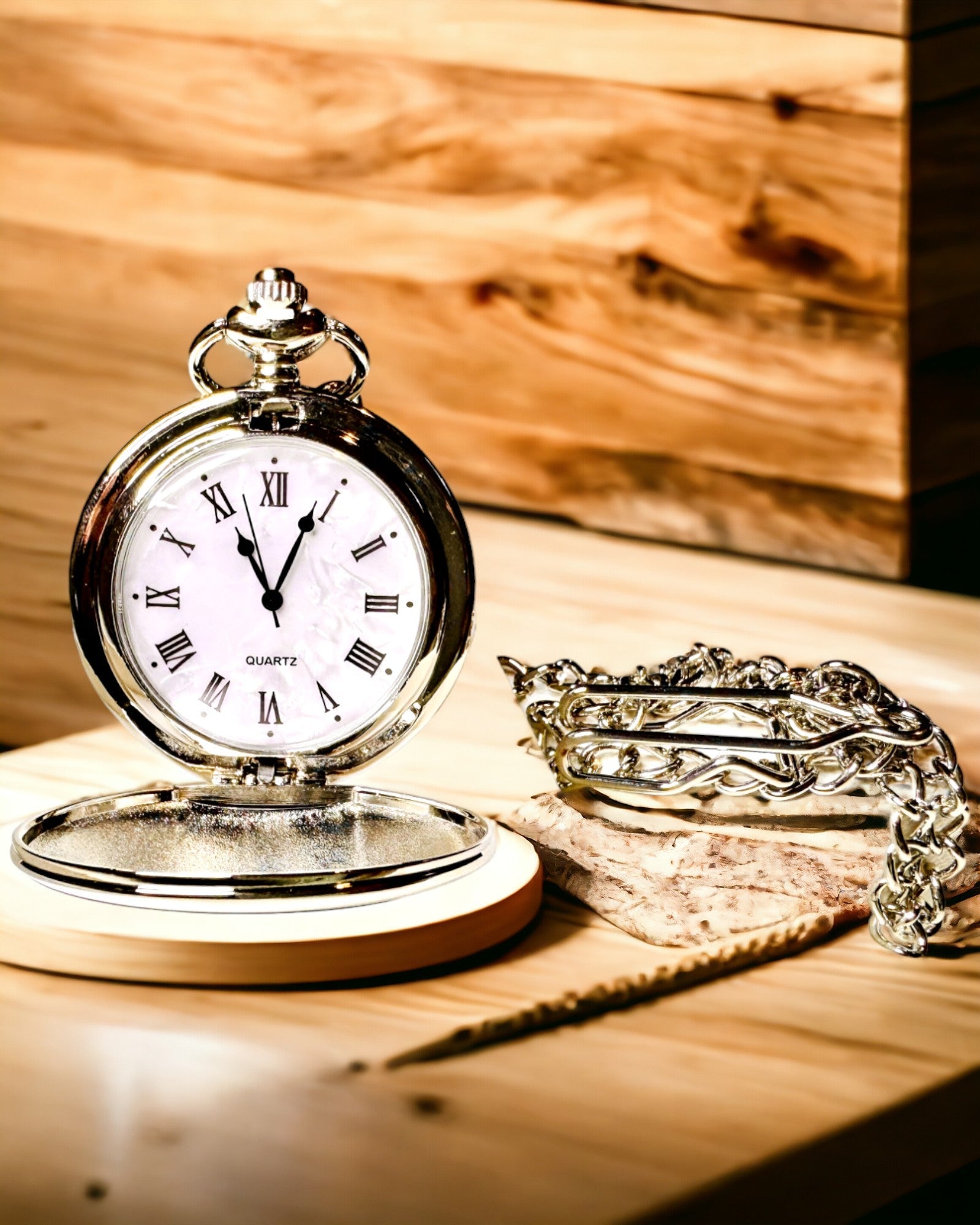 Klassieke Zakhorloge met Romeinse Cijfers en Ketting, Kwarts, Stalen Glans - zilverkleurig