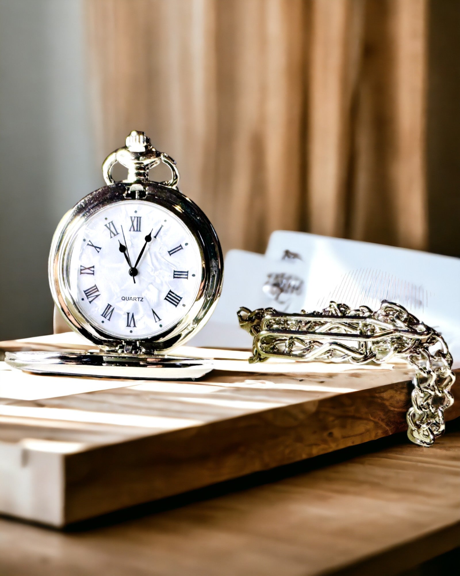 Klassieke Zakhorloge met Romeinse Cijfers en Ketting, Kwarts, Stalen Glans - zilverkleurig