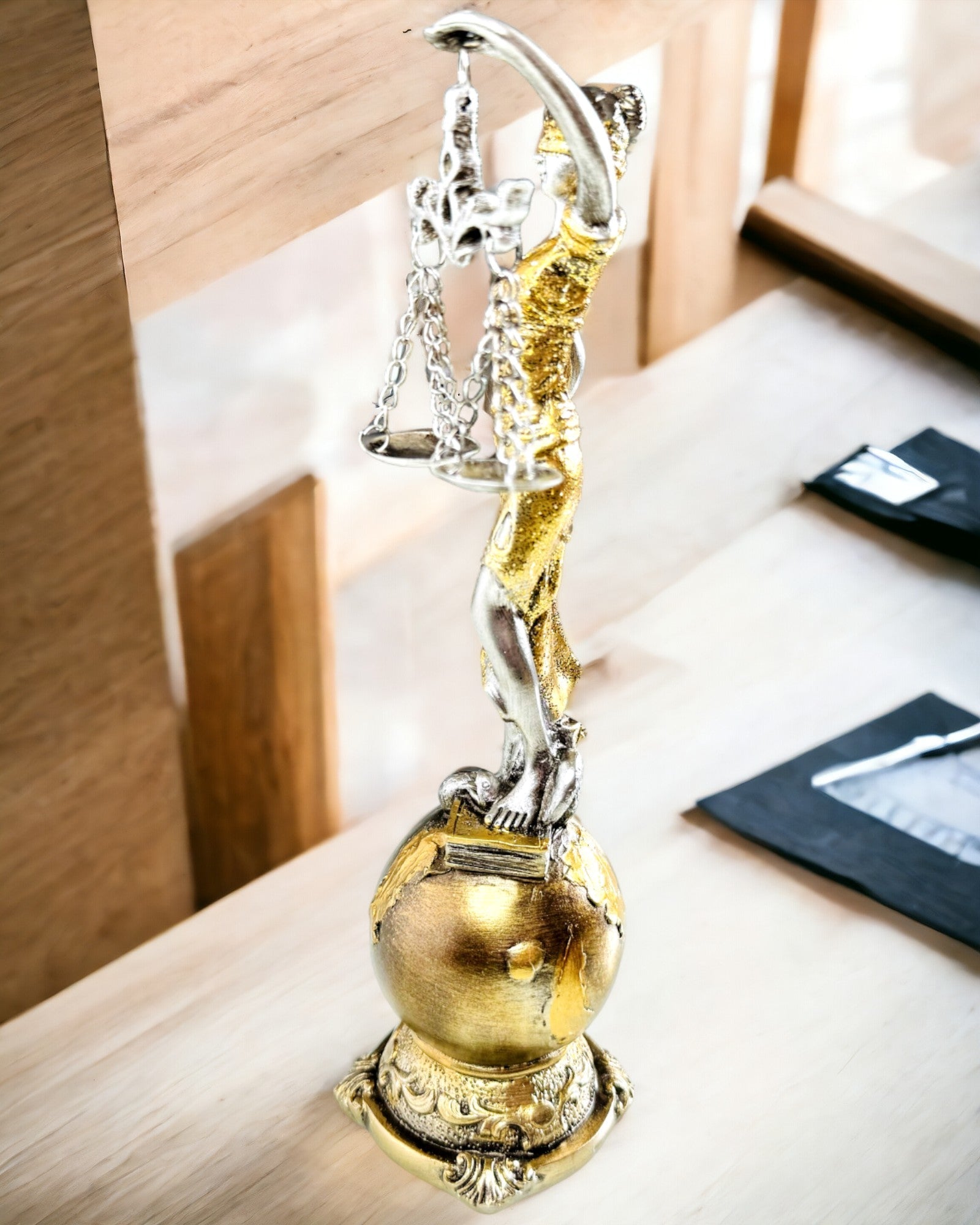 Beeldje van de Godin van de Gerechtigheid – Artistieke Decoratie voor op de Plank, Harsambacht, personalisatie met gravure