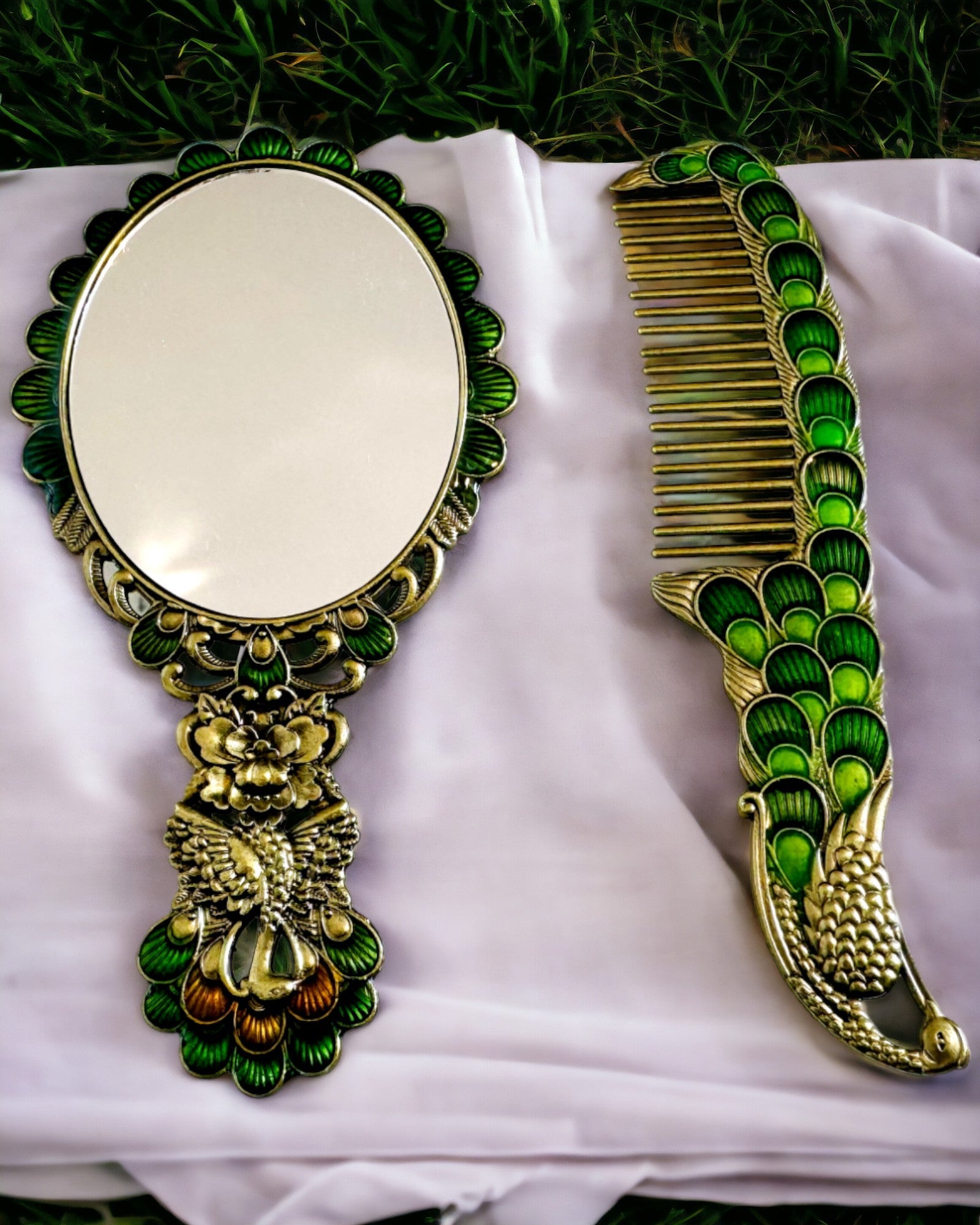 Vintage Set met Spiegel en Kam in Pauw Motief - Decoratieve Cosmetische Accessoires