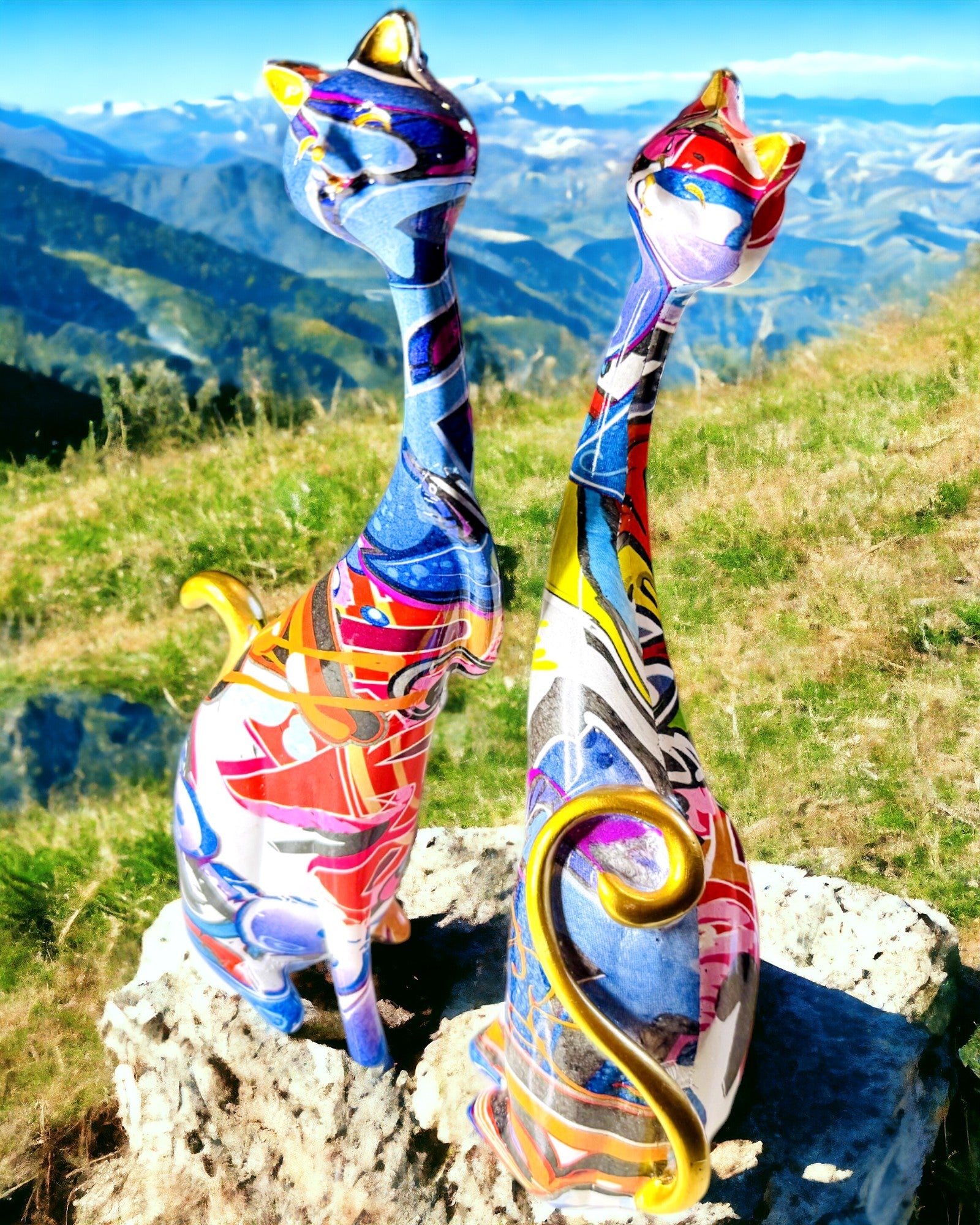 Abstracte Kattenbeeldjes "ArtCats", Handgeschilderd, Hars – 25 cm, 2 stuks.