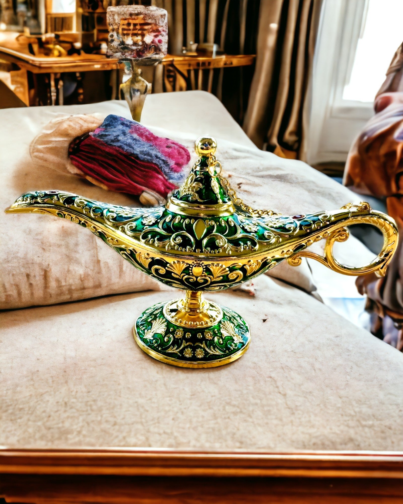 Magische Lamp van Aladdin met Graveeroptie - Variant Donkergroen, verweven met goud
