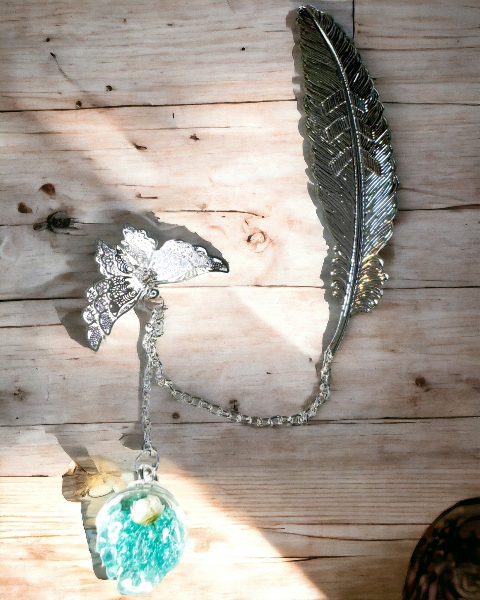 Creatieve Boekenlegger in Retro Stijl met Veer- en Vlindermotief – Elegant Promotiegeschenk, Kleur Zilver/Blauw