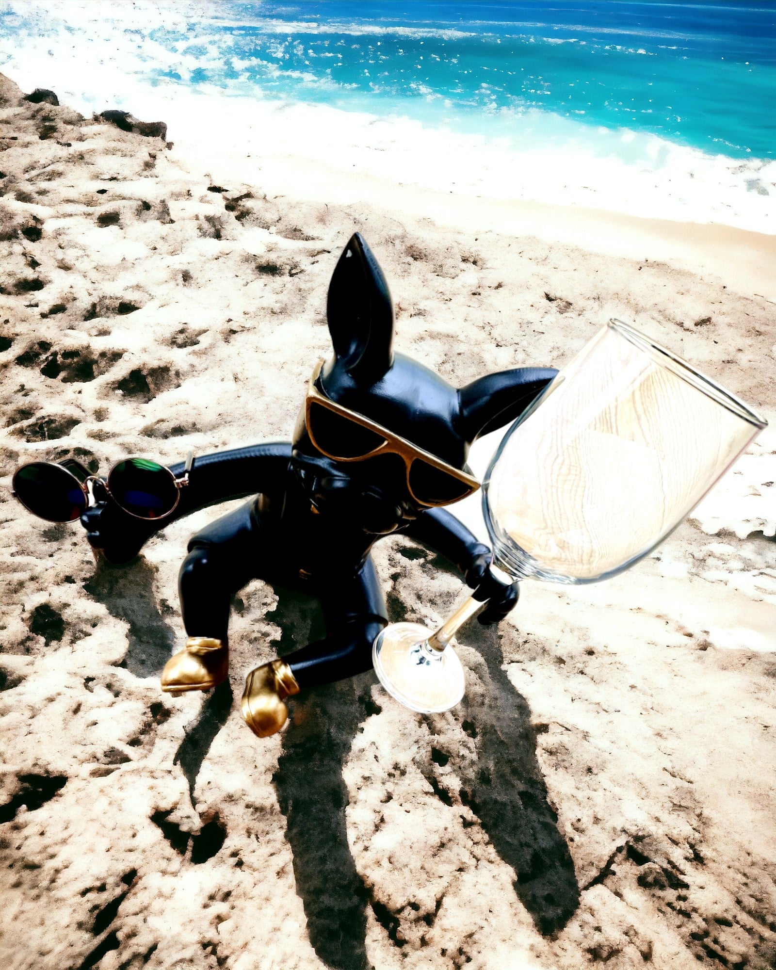 Exclusief Beeldje "Stijlvolle Bulldog", kleur zwart, houder voor wijnglas of champagneglas, personalisatie met gravure